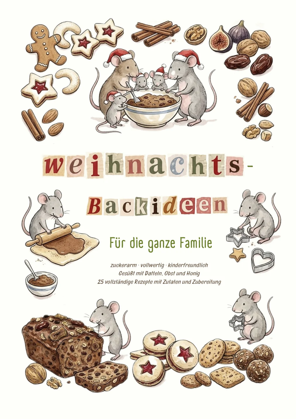 Titelseite „Weihnachts-Backideen – Für die ganze Familie“ mit illustrierten Mäusen, die Plätzchen backen