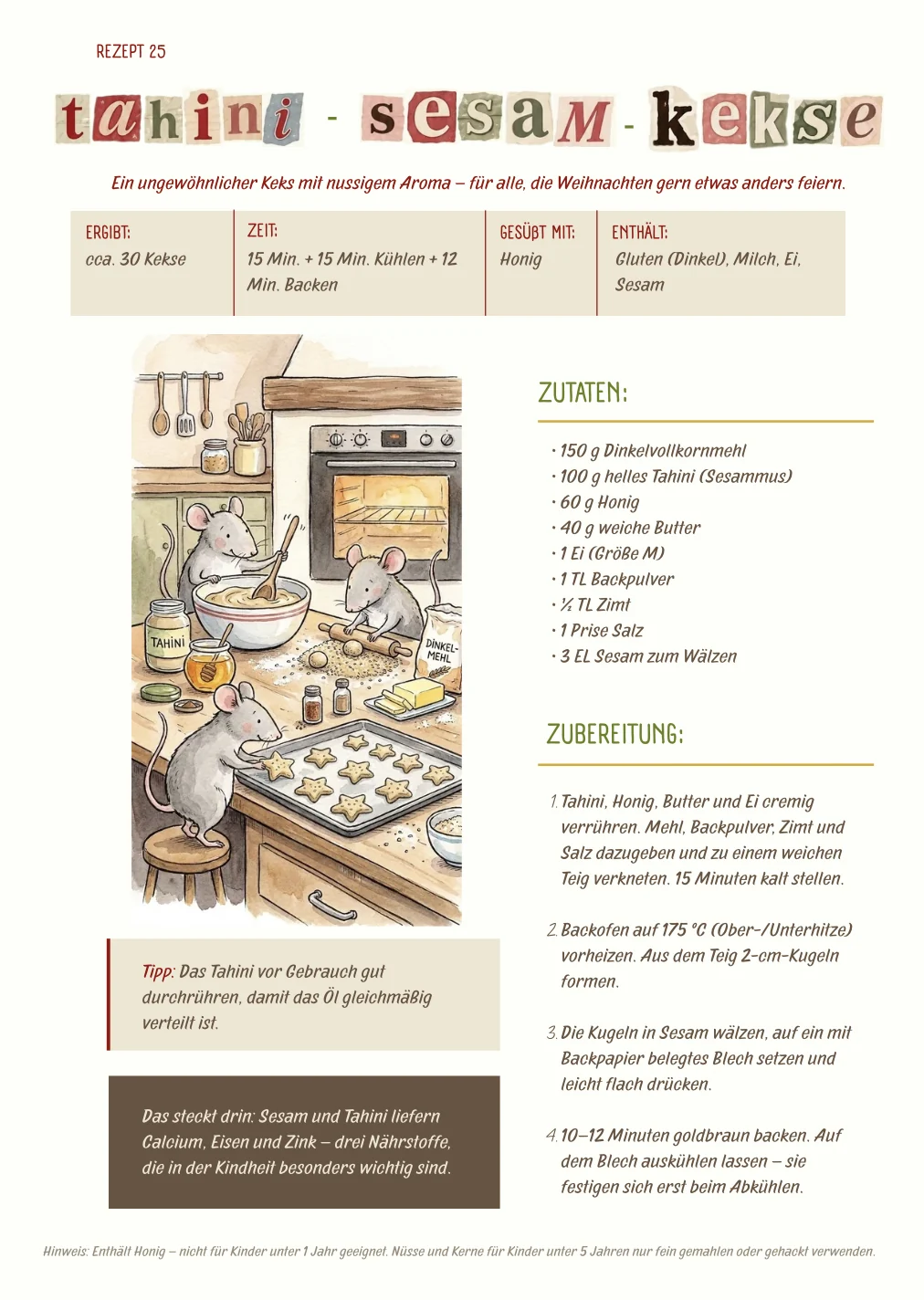Beispielseite: Rezept für Tahini-Sesam-Kekse mit Zutaten, Zubereitung und Tipp