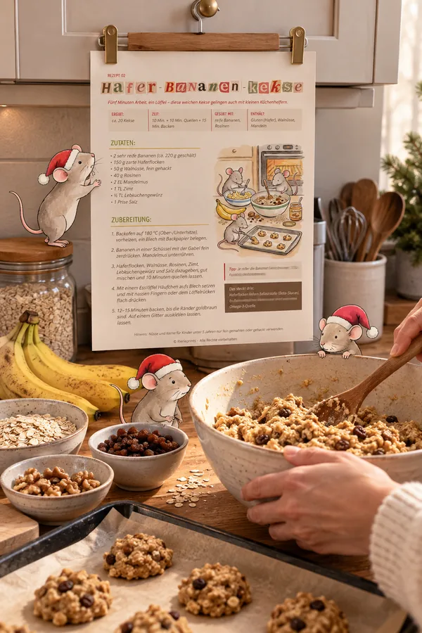 Das Rezept für Hafer-Bananen-Kekse hängt in der Küche, davor eine Schüssel mit Teig
